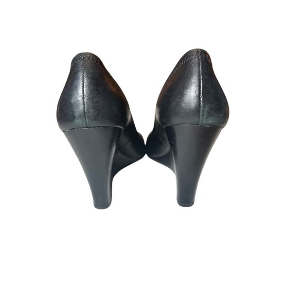 Tory Burch “Sophie” Black Buttery Soft Leather Wedge Pumps Gold Logo Size 10 M - Picture 3 of 9